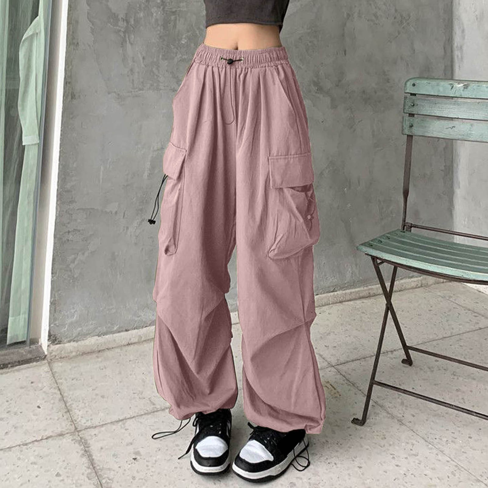 thumbnail image 2 of Pantalones cargo holgados para mujer: pierna ancha con cordón, poliéster, ropa urbana/hip hop, tallas S-XXL, 2 of 4